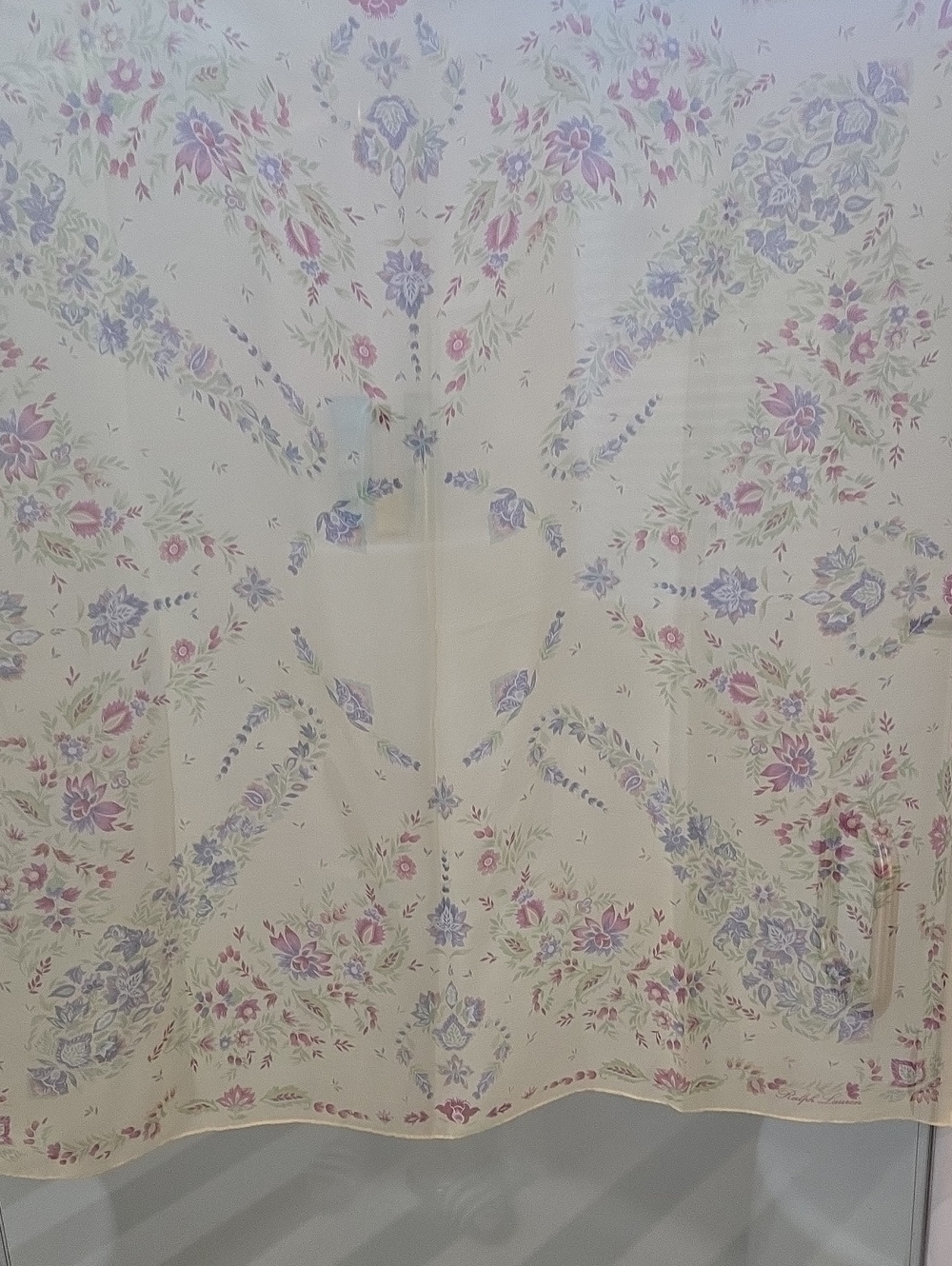 Ralph Lauren Floral Sheer Silk Scarf - Pale Yellow with Pink & Lavender Flowers